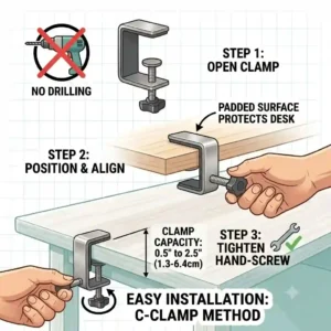 A step by step graphic illustrating how to tighten the adjustable C-clamp of a clamp on desk shelf organizer without drilling.