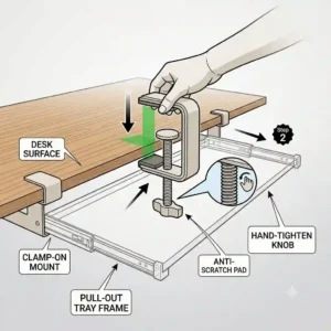 A diagram showing how to attach a clamp-on pull out keyboard tray to a desktop without drilling.