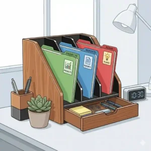 A close-up shot of a white desk top file organizer featuring built-in sliding drawers for sticky notes and paperclips.
