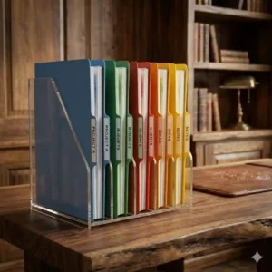 A rustic wooden file folder holder for desk organization on a warm toned office workspace.