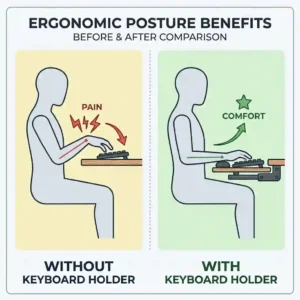 An illustration comparing poor typing posture with the correct ergonomic posture achieved by using an under-desk keyboard holder.