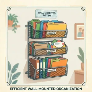 "A three-tier wall vertical file organizer utilized for hanging office documents and file folders.