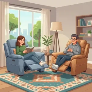 Vector illustration of comfortable living room reclining chairs with built-in extendable footrests.