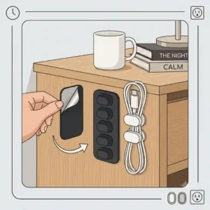 A compact magnetic cable organizer mounted on a wooden bedside nightstand holding a phone charger wire.