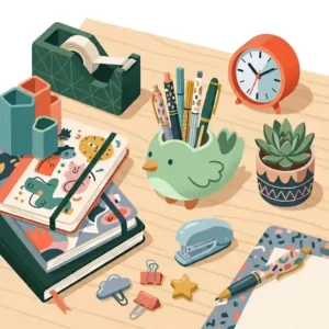Colorful illustration of quirky animal-shaped desk organizers as examples of unique office supplies for a fun workspace.