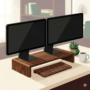 Dark walnut dual monitor screen stand wood design for a professional home office.