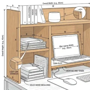 Close-up view of a wood desk hutch showing shelves stacked with books, a laptop, and small office supplies.