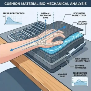 Graphic diagram highlighting the inner cooling gel and memory foam layers of a wrist cushion keyboard rest.