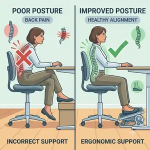 adjustable footrest showing the difference between poor posture (incorrect support) and healthy spinal alignment (improved posture) with ergonomic support.