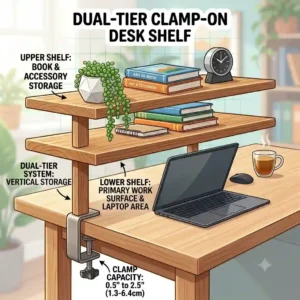 A multi level dual tier clamp on desk shelf setup maximizing vertical storage space on a workstation.