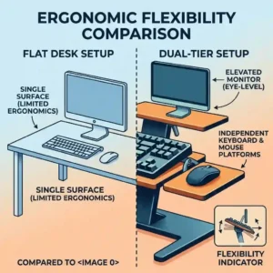 A vector illustration comparing a flat desk setup with a dual-tier workstation featuring an elevated monitor and a standing computer keyboard stand.