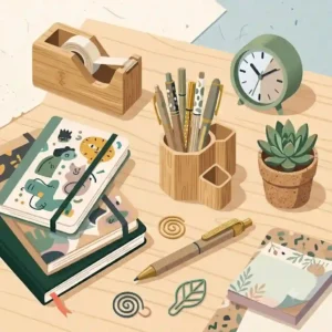 Flat lay illustration of sustainable unique office supplies made from recycled materials and bamboo.
