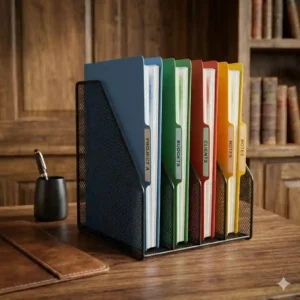 A black mesh metal file folder holder for desk efficiency holding multiple file dividers.