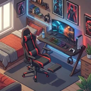 Isometric illustration of a sleek black and red gaming footrest chair in a bedroom setup.