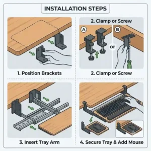 A step-by-step graphic guide showing how to mount a clamp-on keyboard holder to a desktop.