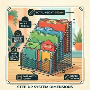 A diagram showing the dimensions of a step-up vertical file organizer with graduated sections for easy visibility.