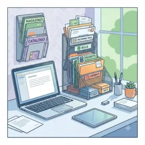 An illustration of a wooden file sorter with color-coded hanging files and visible labels.