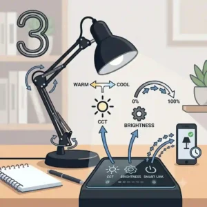 Close-up illustration of a modern LED black desk lamp base with touch control buttons for brightness dimming.