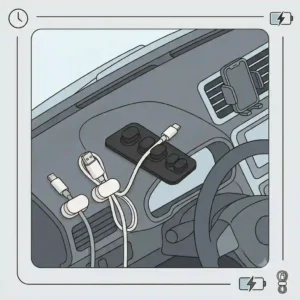 A minimalist car dashboard featuring a small magnetic cable organizer keeping a navigation wire securely in place.