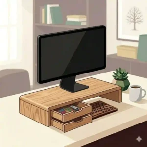 Light oak screen stand wood with built-in storage drawers for a clean desk.