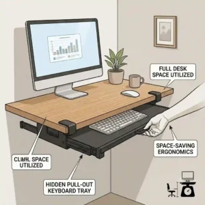 An illustration of a small workspace made more spacious by utilizing a sliding pull out keyboard tray.