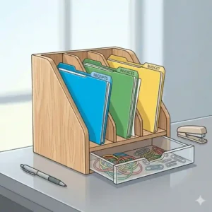 A vertical desk top file organizer sorting folders efficiently to save valuable desk space in a small home office.