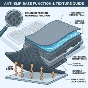 Close-up illustration of the textured anti-slip rubber backing on a gaming wrist cushion keyboard.