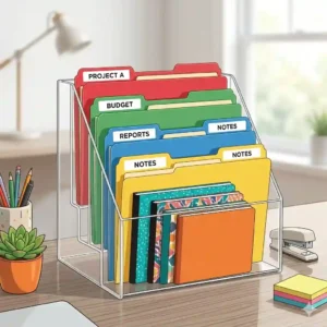 A clear acrylic desk top file organizer holding colorful file folders on a minimalist desk.