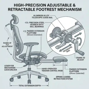 Technical diagram illustration highlighting the adjustable and retractable footrest mechanism on modern chairs.