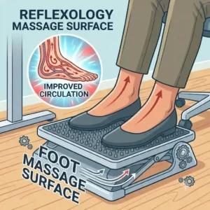 adjustable footrest featuring a textured massage surface and an inset diagram illustrating how it improves blood circulation in the feet.