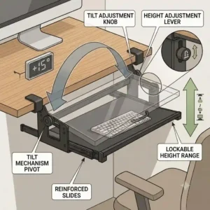 A technical illustration showcasing the tilt and height adjustment features of an ergonomic pull out keyboard tray.
