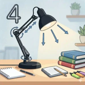 A black desk lamp casting warm light over textbooks and stationery on a student's study desk.