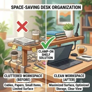 A side by side drawing demonstrating a cluttered workspace versus a clean desk layout using a clamp on desk shelf.
