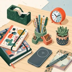 Minimalist illustration of cool tech gadgets and unique office supplies, featuring a sleek wireless charging pad.