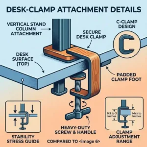 A close-up illustration of a secure heavy-duty C-clamp mechanism attaching a standing computer keyboard stand to the edge of a desk.