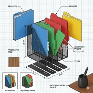 An exploded view diagram of a multi slot file folder holder for desk organization showing product dimensions.