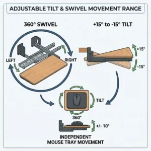 A graphic representation showing the 360-degree swivel and tilt angles of an adjustable keyboard holder.