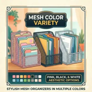 An illustration displaying pink, black, and white mesh vertical file organizers side-by-side