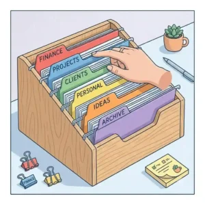 A clean line art illustration of a minimalist metal wire file sorter on a small study table.
