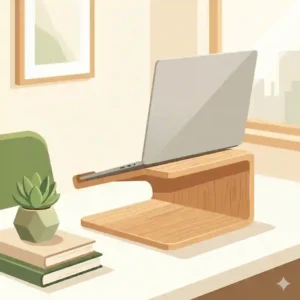 Minimalist laptop screen stand wood mount placed on a modern wooden desktop.