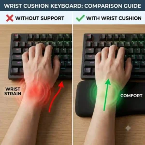 Side-by-side comparison illustrating wrist strain without support versus comfort with a wrist cushion keyboard mat.