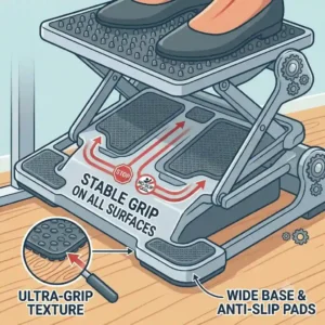 adjustable footrest showing a close-up detail of the anti-slip base with prominent rubber pads for stability on various surfaces.