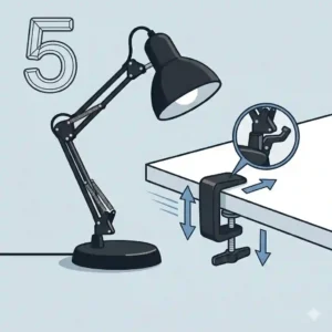 Space-saving black desk lamp clamped securely to the edge of a white drafting table.