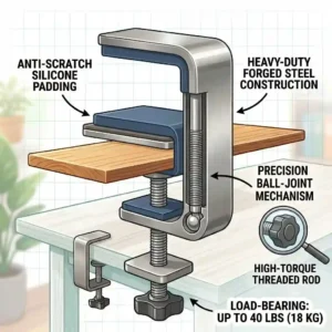A detailed cross section illustration of a heavy duty metal clamp on desk shelf with anti scratch padding.