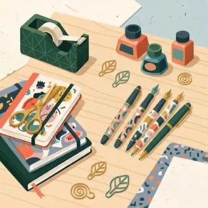 Graphic illustration of colorful, custom-designed journals and unique office supplies meant to boost creative thinking.