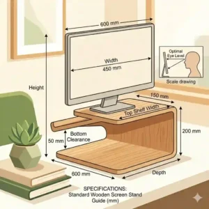 Technical diagram showing the height and width of a screen stand wood model.
