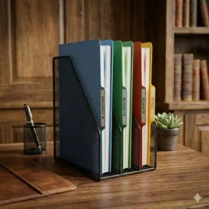 A space saving vertical file folder holder for desk corners to maximize small office productivity.