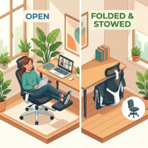 Illustration showing how space-saving footrest chairs fold down neatly for small apartment offices.