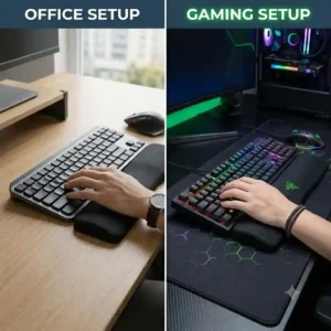 Vector illustration of a mechanical gaming setup paired with an ergonomic wrist cushion keyboard support.