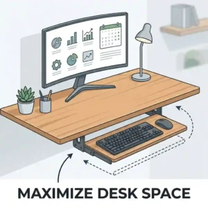 A minimalist illustration of a clean, organized workstation with a keyboard holder tucked neatly beneath the desk surface.